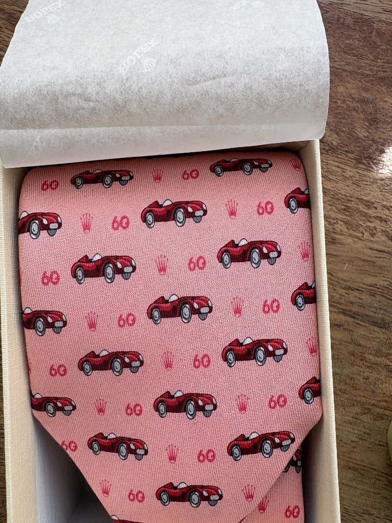 Rolex Monterey Pink Silk Tie Red Ferrari Race Cars